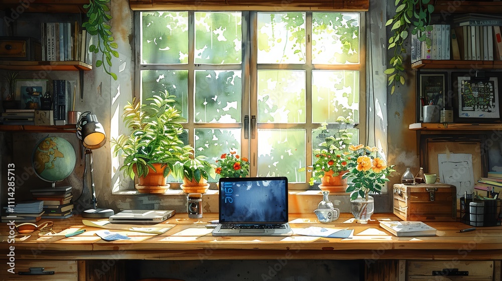 A gentle watercolor of a home office, with soft light streaming through a window. A laptop sits on a cluttered desk, surrounded by houseplants and cozy details A gentle watercolor of a home office, with soft light streaming through a window. A laptop sits on a cluttered desk, surrounded by houseplants and cozy details