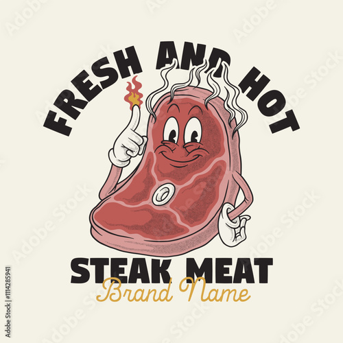 retro cartoon emblem of smokey steak meat