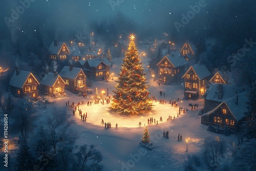 Christmas and New Year holidays background with Christmas tree and crowd of people photo