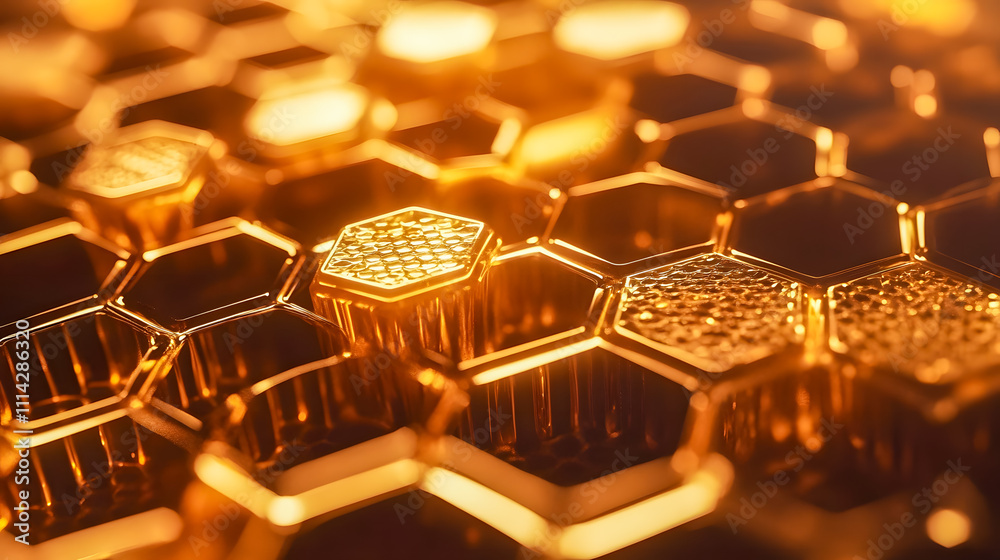 Close-Up View of Glowing Honeycomb Pattern with Golden Texture and Light Reflections in High Definition