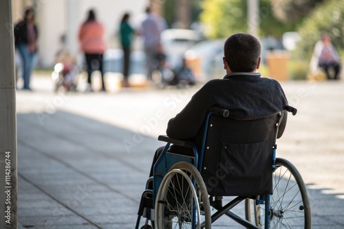 Rear View of a Man in a Wheelchair Observing a Busy Outdoor Scene