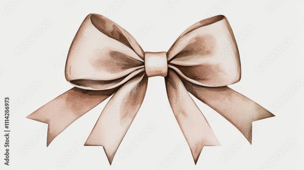 Naklejka premium A delicate beige ribbon bow with flowing tails, perfect for decoration or gift wrapping.