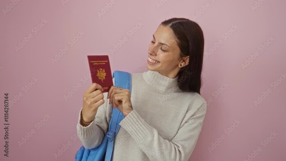 Young woman holding a french passport while smiling in front of an isolated pink background Young woman holding a french passport while smiling in front of an isolated pink background