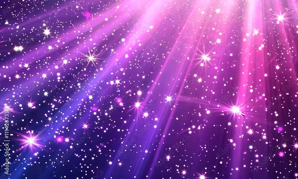 Abstract purple and pink background with glittering stars and rays of light.