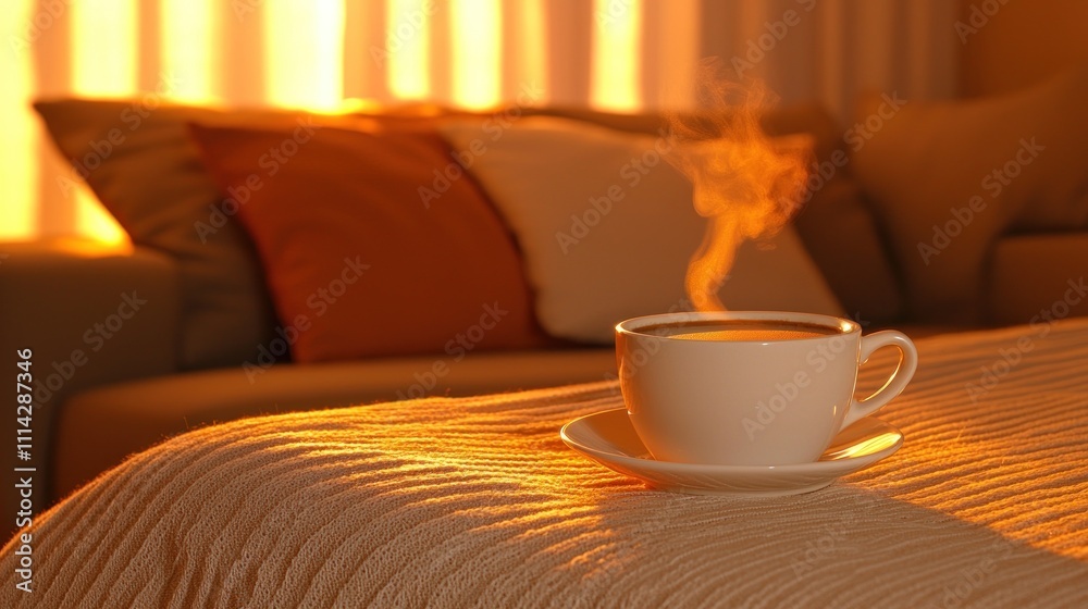 Warm Evening Coffee: Cozy Relaxation on a Soft Bed Warm Evening Coffee: Cozy Relaxation on a Soft Bed