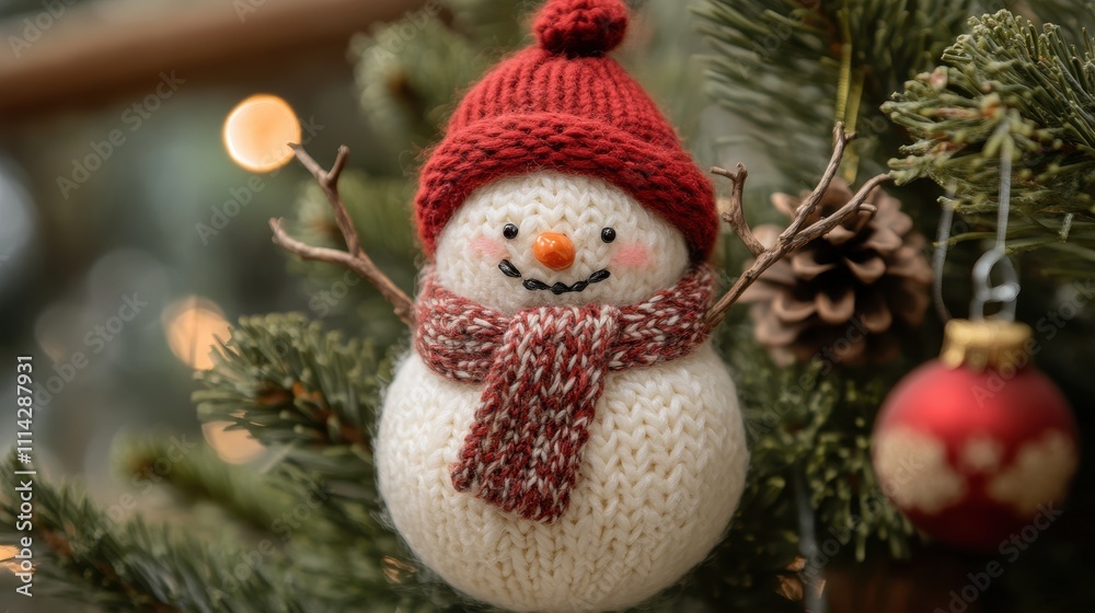Charming snowman ornament wearing a festive red cap and cozy muffler, perfect for holiday decor Charming snowman ornament wearing a festive red cap and cozy muffler, perfect for holiday decor