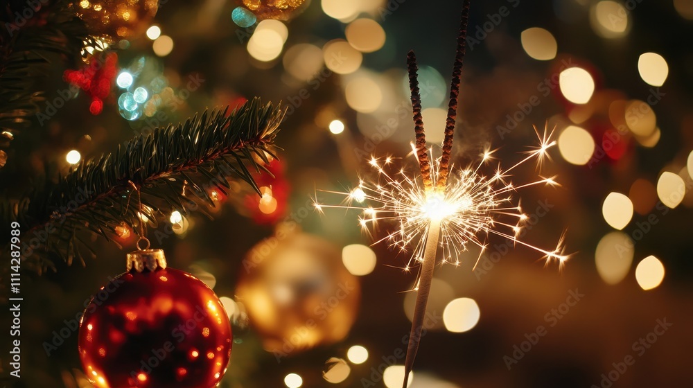happy new year, sylvester, New Year's Eve 20245party event celebration holiday greeting card - Closeup of sparkling sparklers and bokeh lights in the background happy new year, sylvester, New Year's Eve 20245party event celebration holiday greeting card - Closeup of sparkling sparklers and bokeh lights in the background