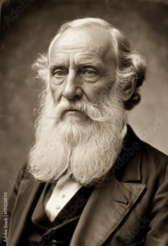 Sepia toned portrait of walt whitman, the famous american poet, wearing a suit and long white beard photo