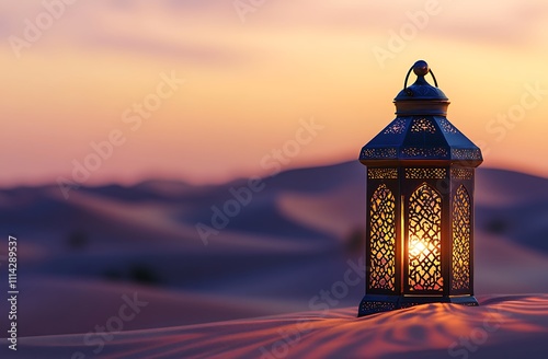 Ornamental lantern illuminates the desert sunset. A beautifully crafted, ornate lantern, lit from within, stands in the soft, warm light of a desert sunset photo