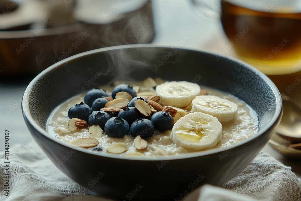 Bowl of oatmeal with fruit and honey, green tea - breakfast or cozy meal background. Bowl of oatmeal with fruit and honey, green tea - breakfast or cozy meal background.