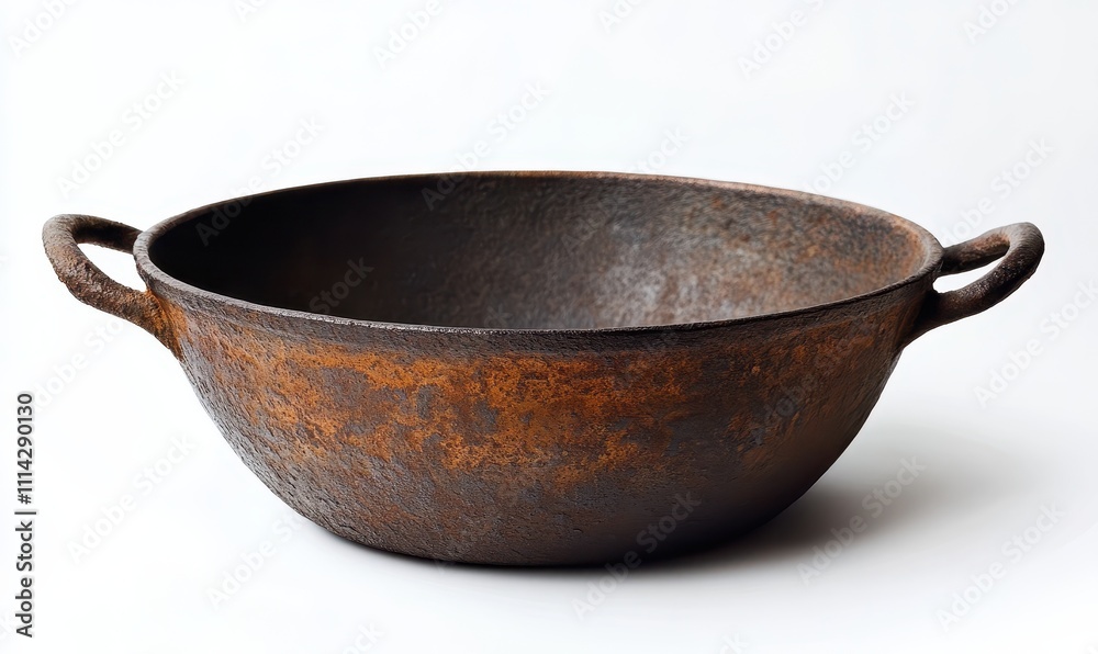 An empty iron cooking vessel is isolated against a white backdrop. An empty iron cooking vessel is isolated against a white backdrop.