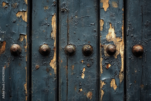 Close-up of an aged metal door featuring rivets, peeling paint and industrial texture.