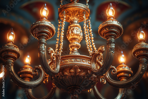 Elegant antique crystal chandelier illuminated by warm candle-style lights in luxurious interior.