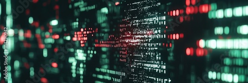 Abstract data visualization with green and red glowing elements on dark background