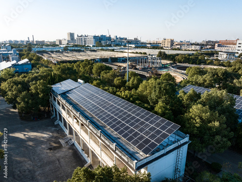 aerial view solar power station on roof of building