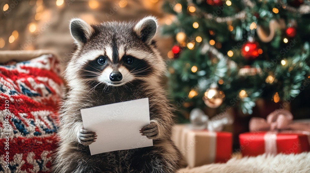 Holiday charm: raccoon in a festive living room holding a white paper with a brightly decorated New Year tree nearby Holiday charm: raccoon in a festive living room holding a white paper with a brightly decorated New Year tree nearby