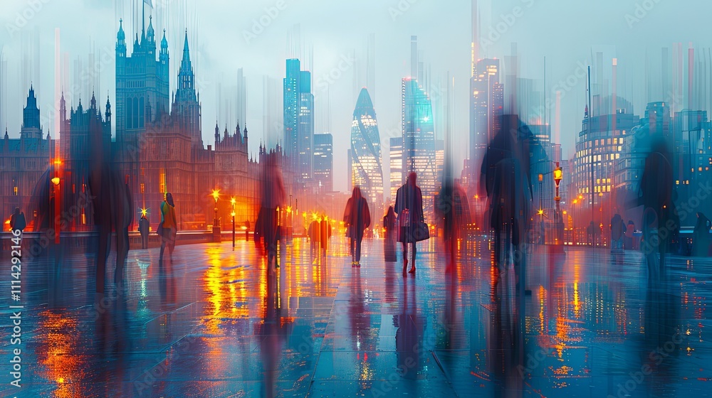 Obraz premium A lively, impressionistic cityscape with blurred figures in motion, tall buildings rising on either side. Colors blend together to capture the fast-paced energy of urban life
