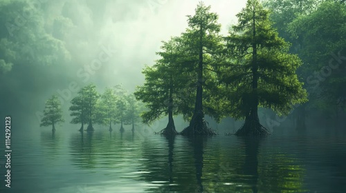 Cypress trees rising from tranquil waters, showcasing nature's resilience in wetland ecosystems