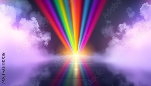 Vibrant rainbow light rays illuminating a reflective surface with smoky atmosphere.