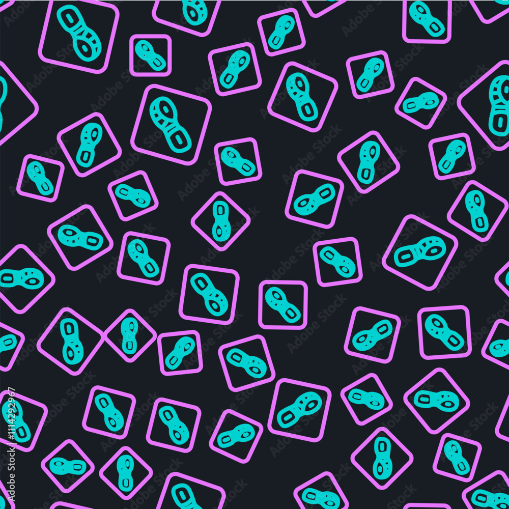 Line Human footprints shoes icon isolated seamless pattern on black background. Shoes sole. Vector Line Human footprints shoes icon isolated seamless pattern on black background. Shoes sole. Vector