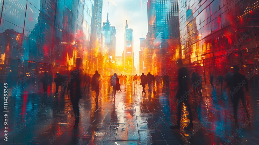 Obraz premium A lively, impressionistic cityscape with blurred figures in motion, tall buildings rising on either side. Colors blend together to capture the fast-paced energy of urban life