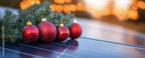 A festive holiday scene featuring solar panels adorned with Christmas ornaments and a pine branch, symbolizing renewable energy.