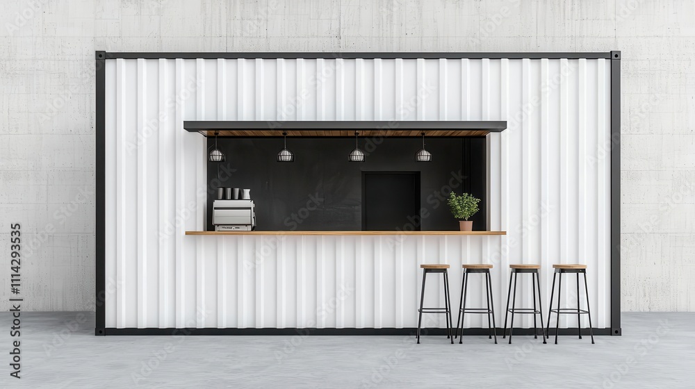 Chic white container burger shop, minimalist design with black accents, small outdoor tables, city cafe district, relaxed atmosphere, early afternoon Chic white container burger shop, minimalist design with black accents, small outdoor tables, city cafe district, relaxed atmosphere, early afternoon