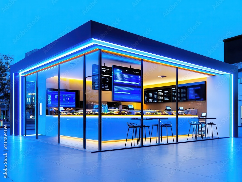 Fototapeta premium Sleek metal and glass container burger shop, futuristic design, digital menu boards, urban center, young professionals, cool evening