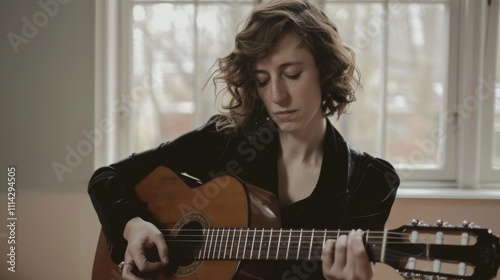 Woman sitting cross-leggedon wooden floor, eyes closed,playing guitar with sereneexpression. Peaceful atmosphere, soft lightilluminating her face, focusingon her and the guitar. photo