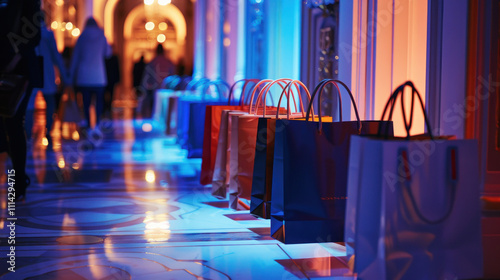 Designer shopping bags in a VIP area of a high-end fashion event, showcasing exclusivity and luxury