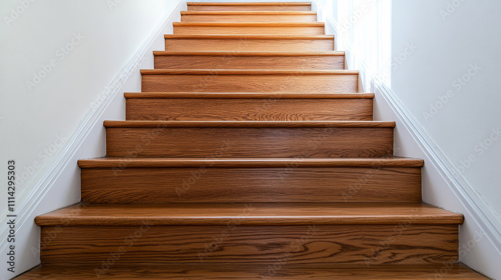 In a modern home, a sleek wooden staircase links levels flooded with sunlight In a modern home, a sleek wooden staircase links levels flooded with sunlight