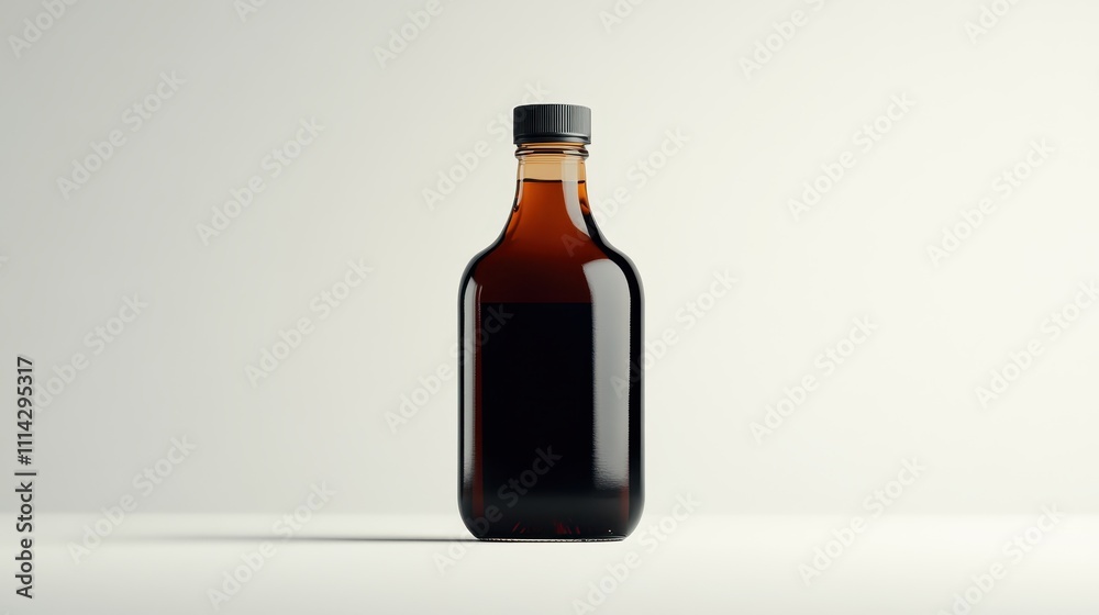 A sleek mockup of a syrup bottle set against a pristine white backdrop, perfect for showcasing product branding or advertising in both digital and print formats. A sleek mockup of a syrup bottle set against a pristine white backdrop, perfect for showcasing product branding or advertising in both digital and print formats.