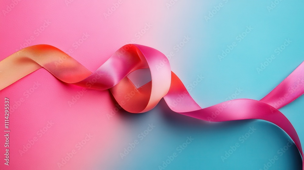 Simple pink ribbon on a vibrant color background, ideal for creative design projects Simple pink ribbon on a vibrant color background, ideal for creative design projects