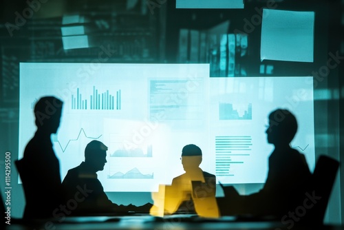 Silhouetted Business Team in a Modern Conference Room Analyzing Charts and Graphs on Digital Screens During a Strategic Meeting for Project Planning and Decision Making