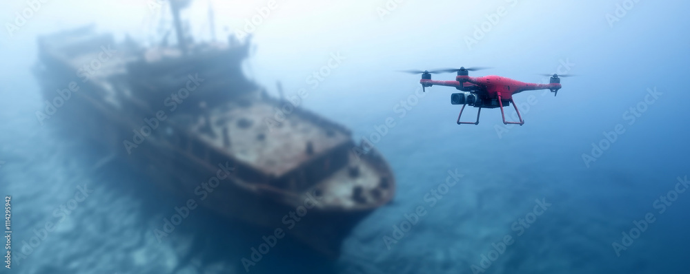 Exploring a shipwreck: a red drone captures aerial views of the underwater world in deep blue waters Exploring a shipwreck: a red drone captures aerial views of the underwater world in deep blue waters