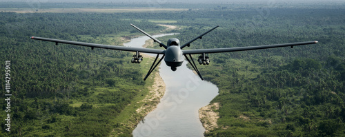 Military drone mq-9 reaper on surveillance mission over tropical forest and river, armed with missiles photo