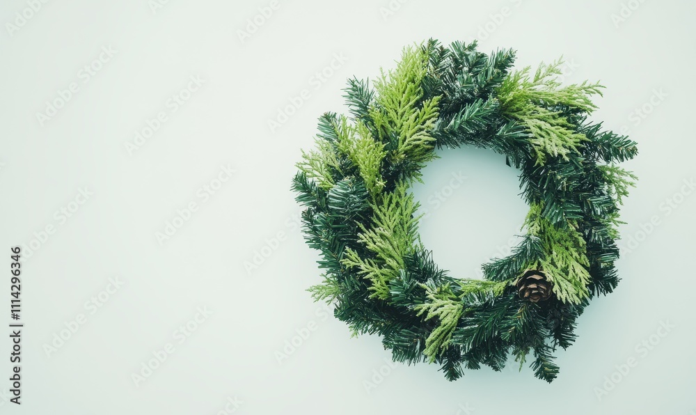 A gloriously green, holiday-themed wreath stands isolated against a pristine white background A gloriously green, holiday-themed wreath stands isolated against a pristine white background