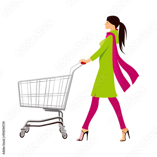 Vector illustration of lady and shopping cart