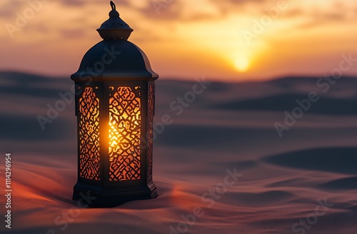 Ornamental lantern illuminating the desert at sunset. A beautifully detailed, ornate lantern casts a warm glow over the sandy dunes at sunset photo