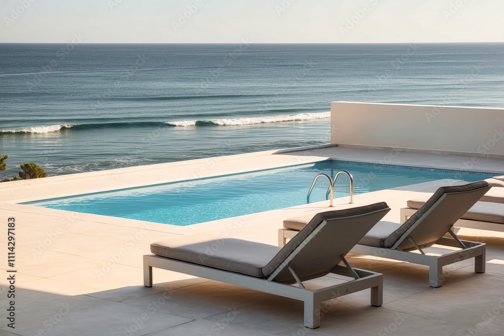 Fototapeta premium Terrace in villa with sunbeds and swimming pool . AI Generated