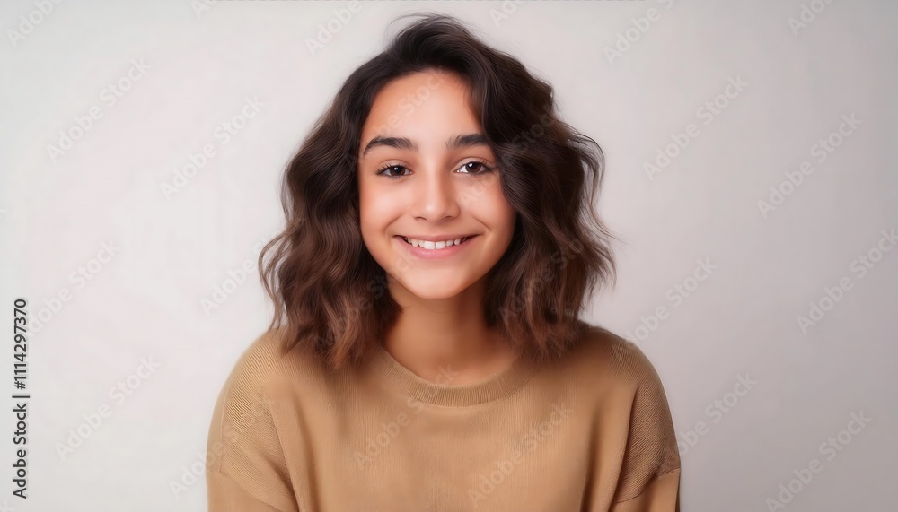 A teenage girl exuding confidence and happiness, framed by a pristine, well-lit studio environment.
A teenage girl exuding confidence and happiness, framed by a pristine, well-lit studio environment.