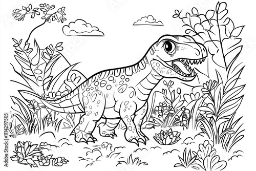 cartooon style black and white coloring book page, white background, Tyrannosaurus photo