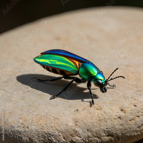 Wildlife european insect on rock stone on sunny summer day. photo