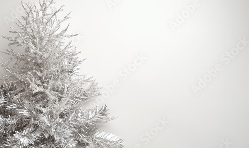 An ebullient seasonal composition consisting of a silver Christmas tree on a white backdrop to greet the joyous New Year.