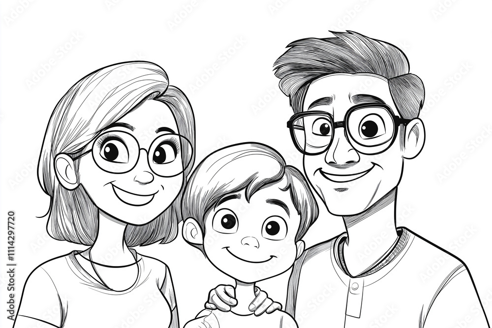 cartoon style coloring book page, white background, A family photo of mother, father, son and daughter cartoon style coloring book page, white background, A family photo of mother, father, son and daughter