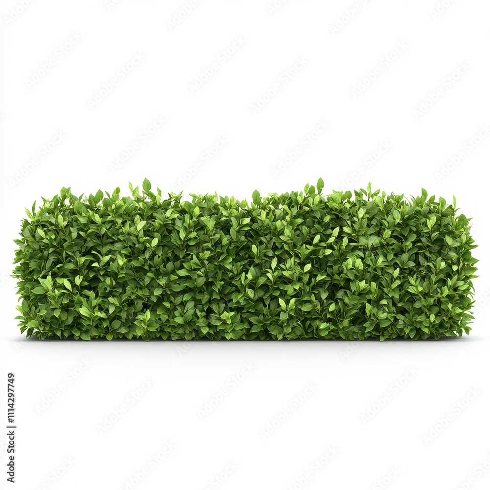 illustration of a meticulously shaped green hedge, viewed from the front, isolated on a white background, perfect for landscape design.