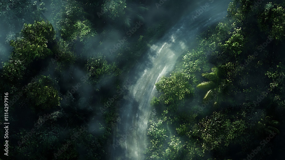 Fototapeta premium Misty Forest Road Winding Through Lush Green Canopy