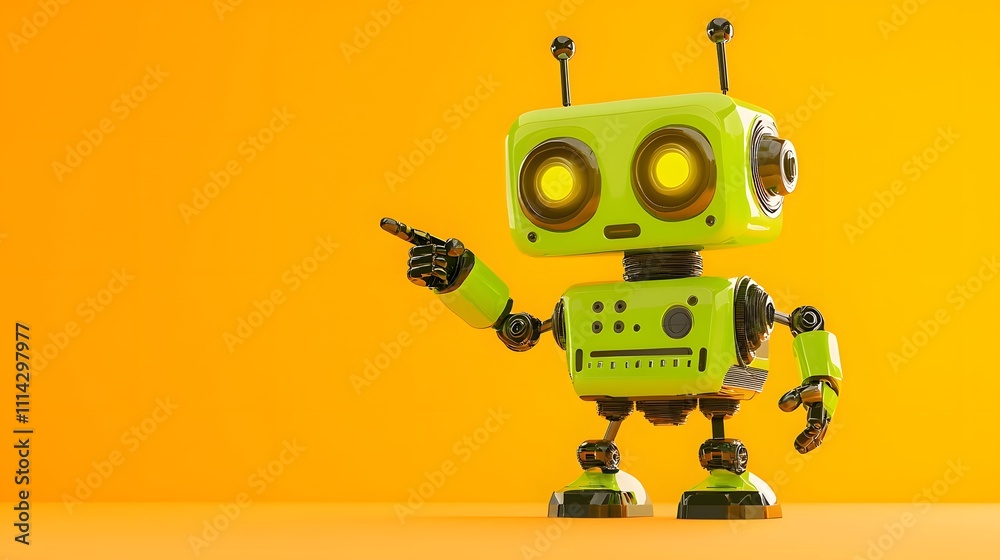 Funky Green Robot with Glowing Eyes and Happy Expression Pointing to the Left, Solid Soft Orange Background for Friendly Product Ads Funky Green Robot with Glowing Eyes and Happy Expression Pointing to the Left, Solid Soft Orange Background for Friendly Product Ads