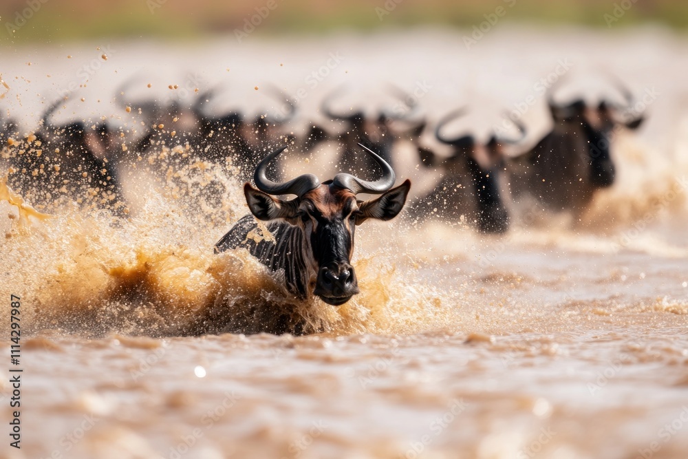 Wildebeest Running Through Water Herd Migration Scene Wildebeest Running Through Water Herd Migration Scene