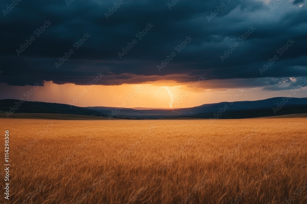 Fototapeta premium Golden Wheat Field Sunset Storm With Lightning